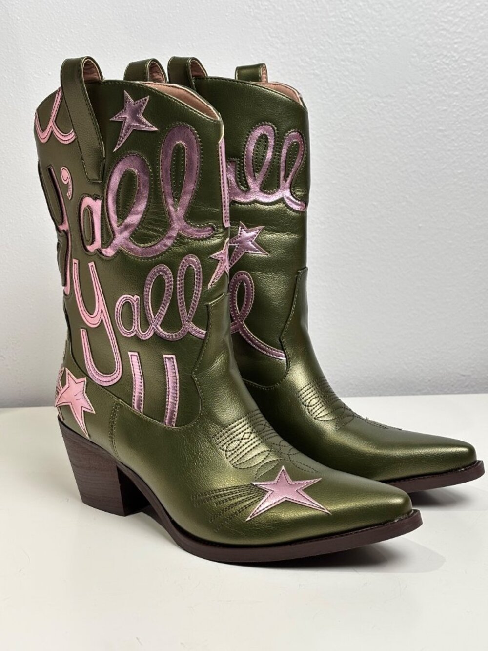 HOCHFART Olive Metallic with Pink "Y'all" Embroidery Cowgirl Boots/Mid-Calf (8)